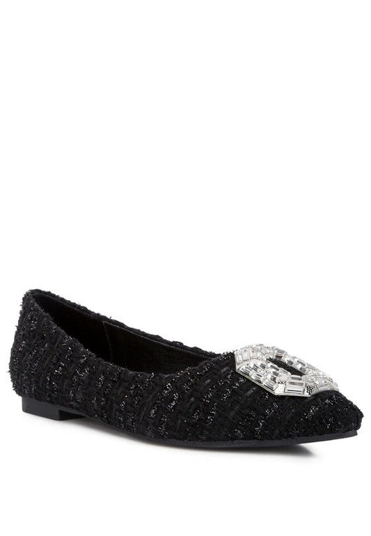 ARIA Embellished Jewel Buckle Tweed Ballet Flats GOTIQUE Collections