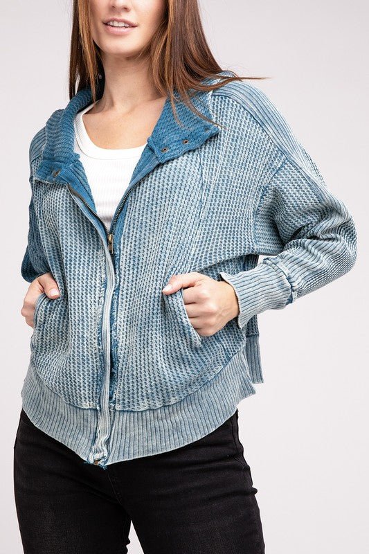 Acid Wash Cotton Waffle Hooded Zip-Up Jacket GOTIQUE Collections