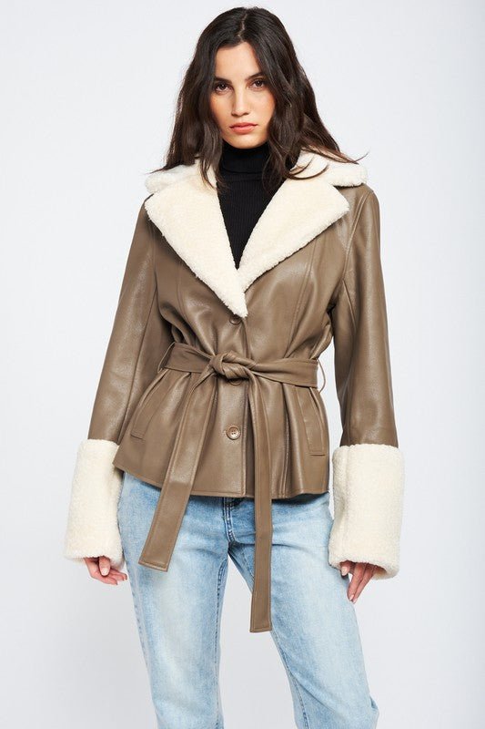 Belted Faux Leather Shearing Jacket GOTIQUE Collections