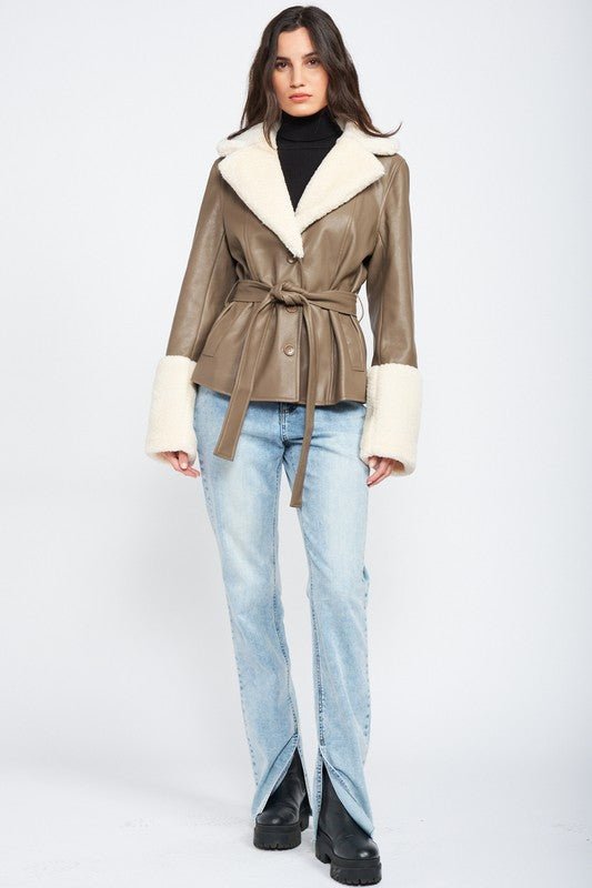 Belted Faux Leather Shearing Jacket GOTIQUE Collections