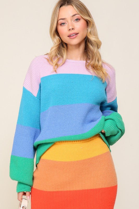 Bold Rainbow Stripe Oversized Chunky Knit Pullover GOTIQUE Collections