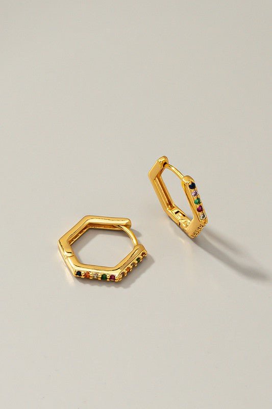 Brass Gold Hexagon Earrings with Color Zirconia Stones GOTIQUE Collections