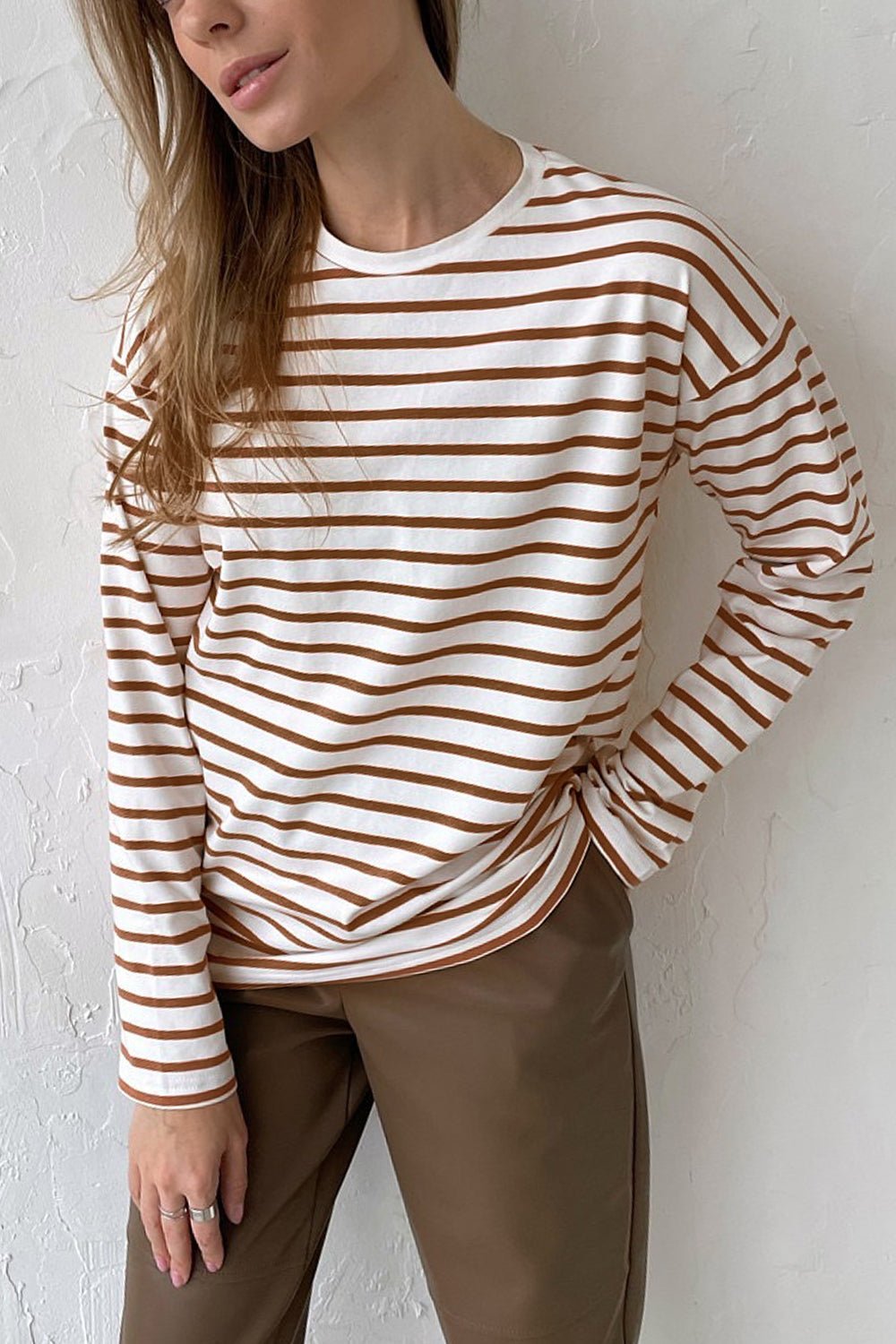 Casual Oversized Round Neck Striped Long Sleeve Shirt GOTIQUE Collections