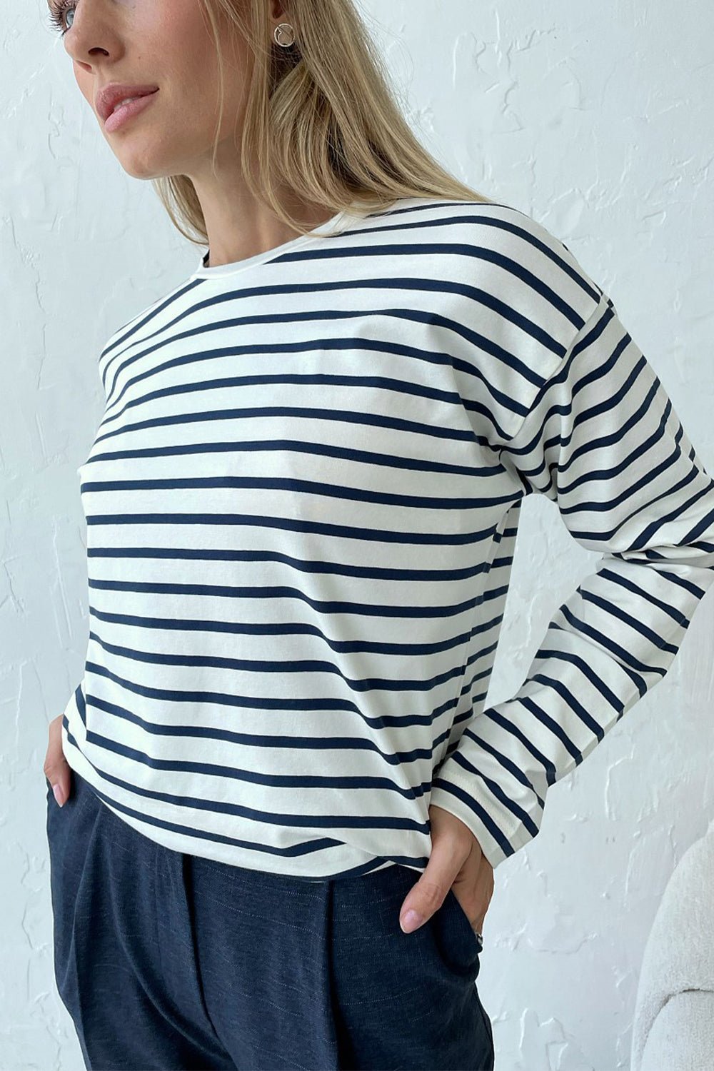 Casual Oversized Round Neck Striped Long Sleeve Shirt GOTIQUE Collections