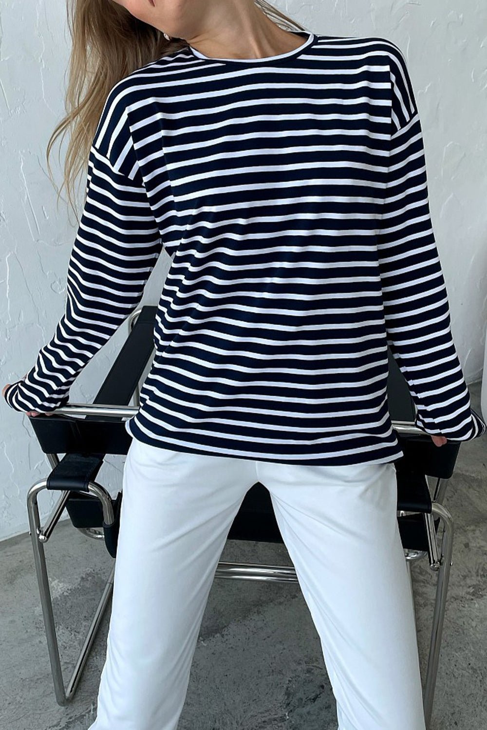 Casual Oversized Round Neck Striped Long Sleeve Shirt GOTIQUE Collections