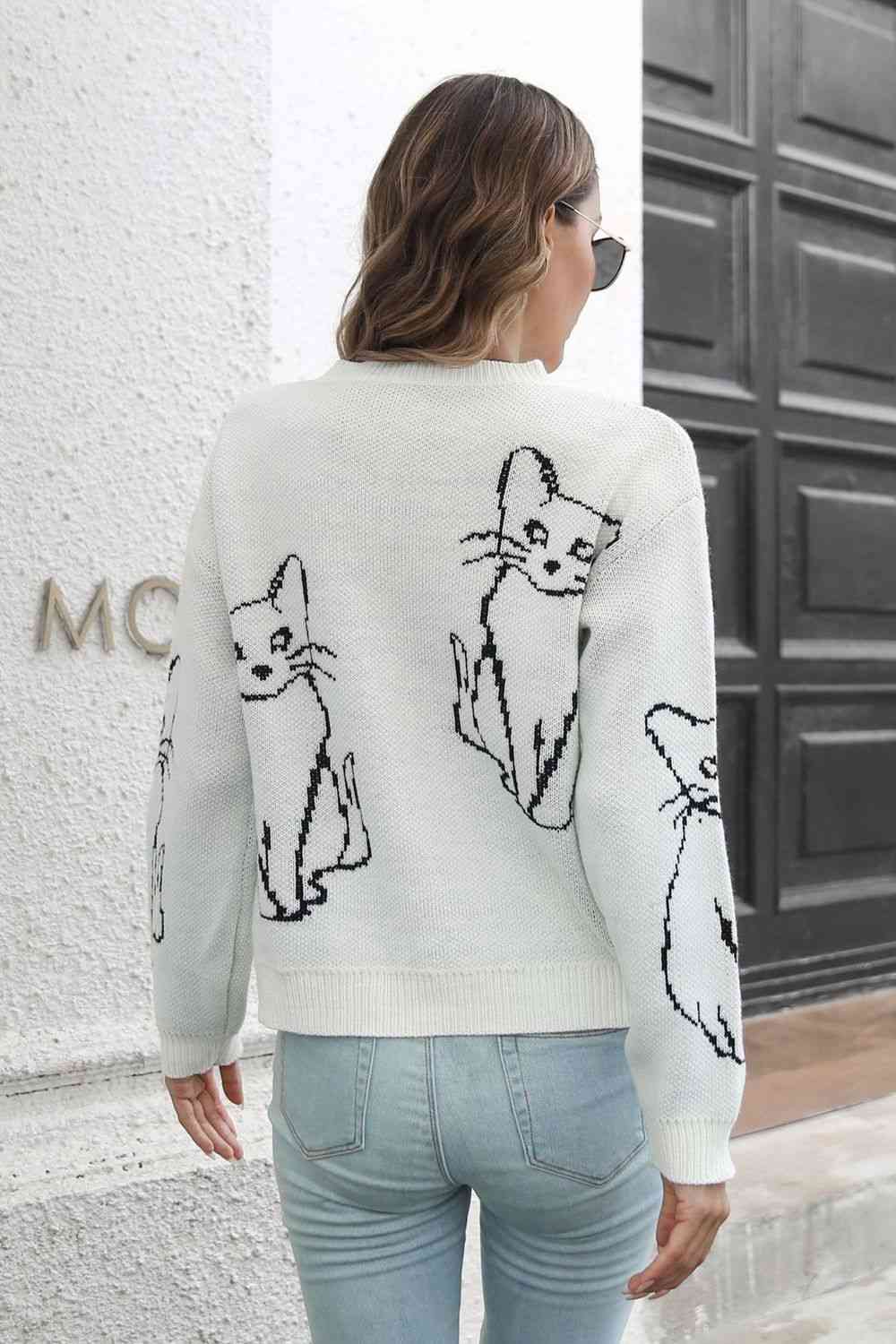 Cat Pattern Round Neck Long Sleeve Pullover Sweater GOTIQUE Collections