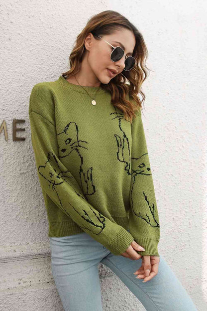 Cat Pattern Round Neck Long Sleeve Pullover Sweater GOTIQUE Collections