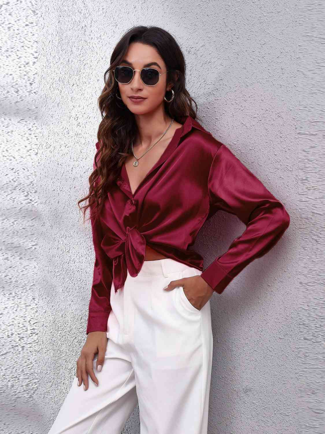 Collared Neck Buttoned Long Sleeve Shirt GOTIQUE Collections