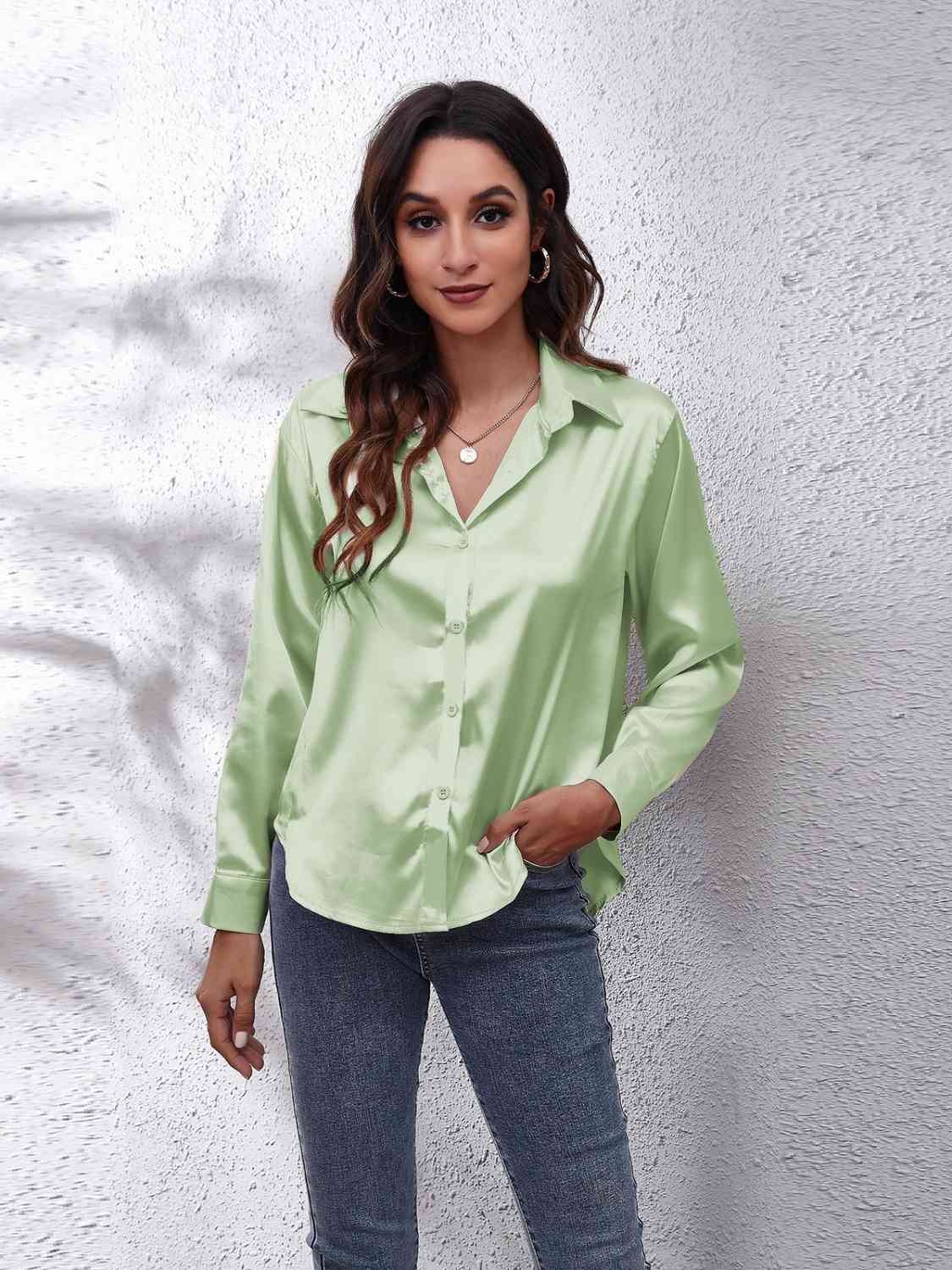 Collared Neck Buttoned Long Sleeve Shirt GOTIQUE Collections