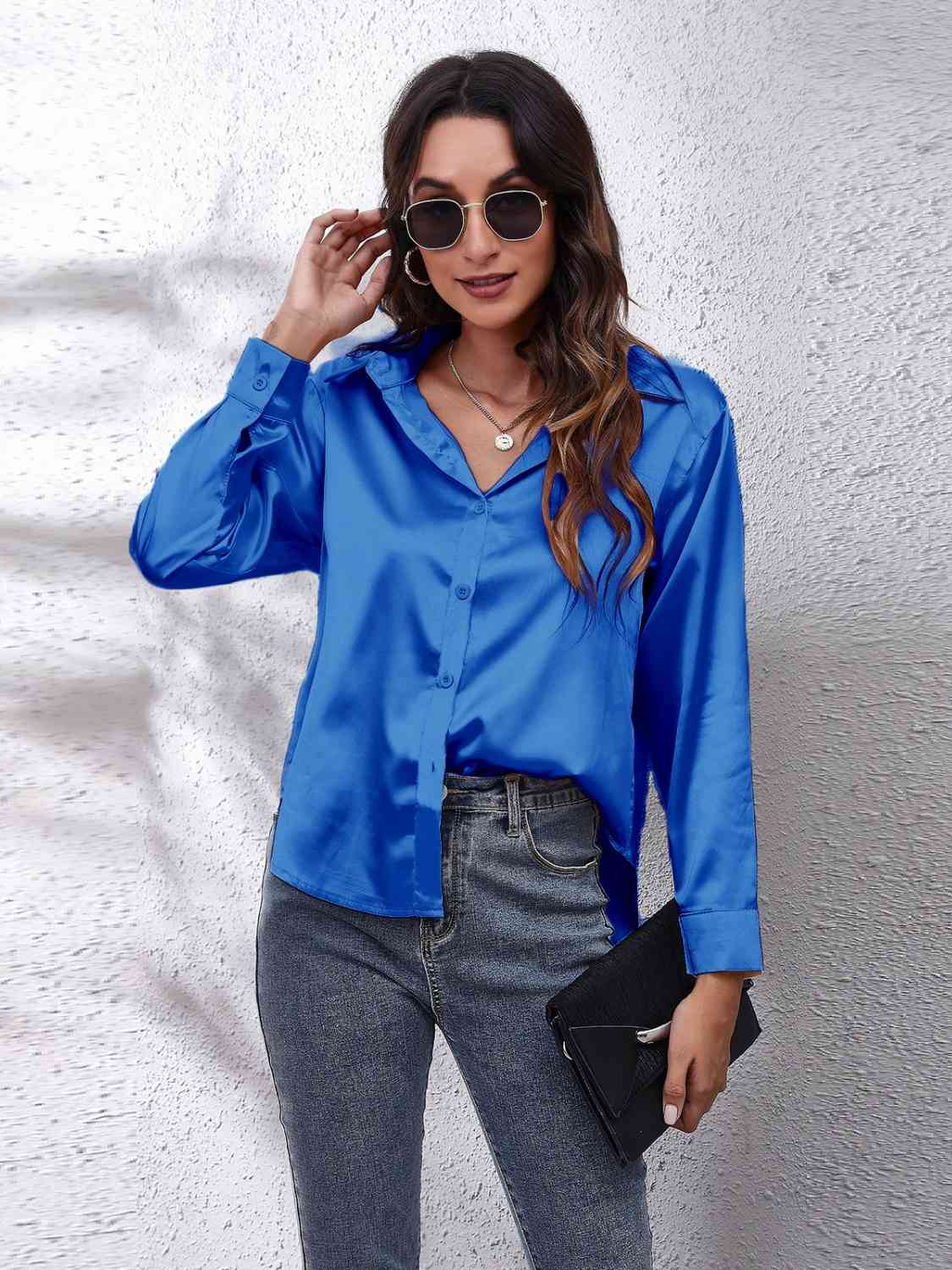 Collared Neck Buttoned Long Sleeve Shirt GOTIQUE Collections