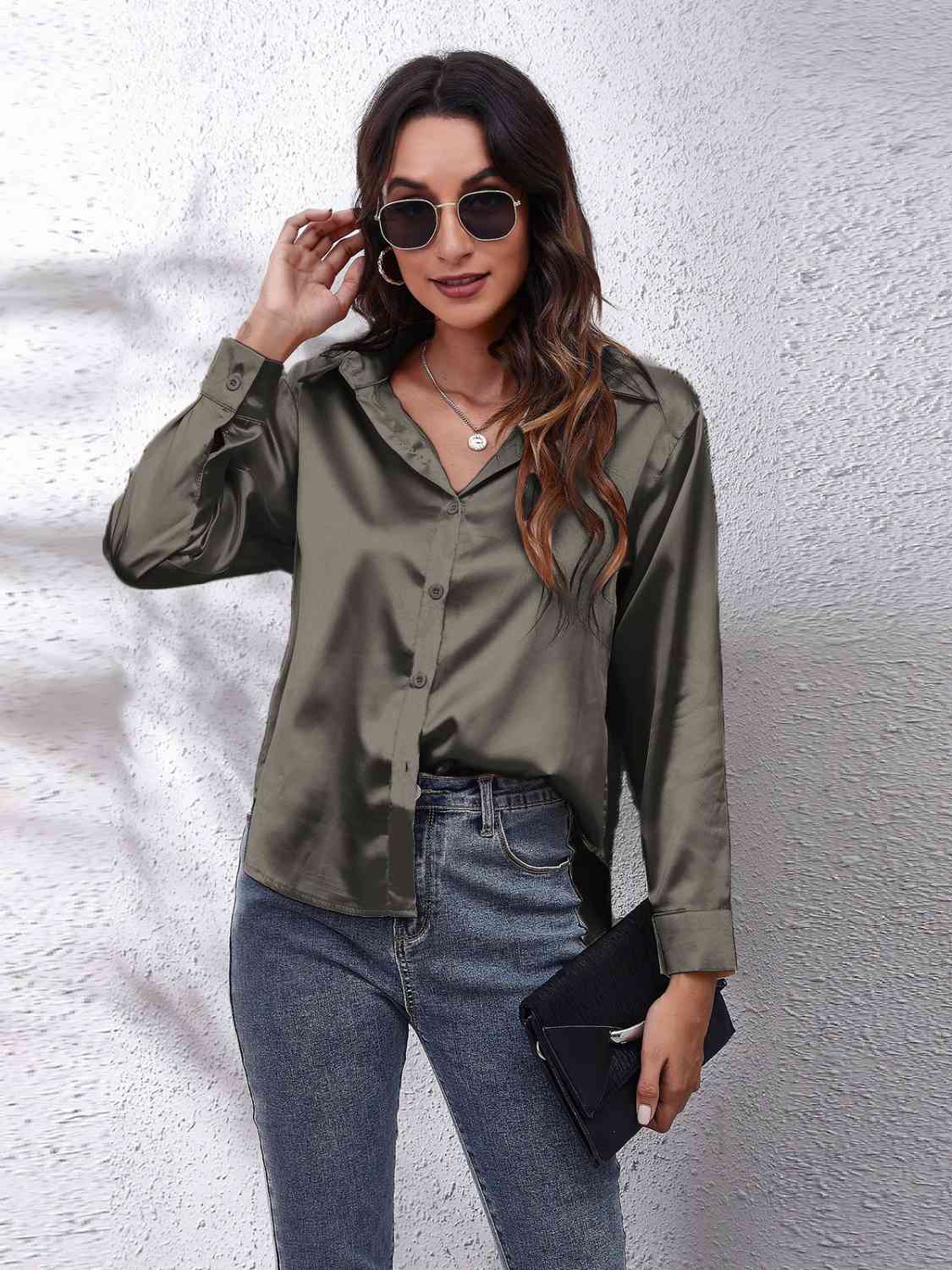 Collared Neck Buttoned Long Sleeve Shirt GOTIQUE Collections