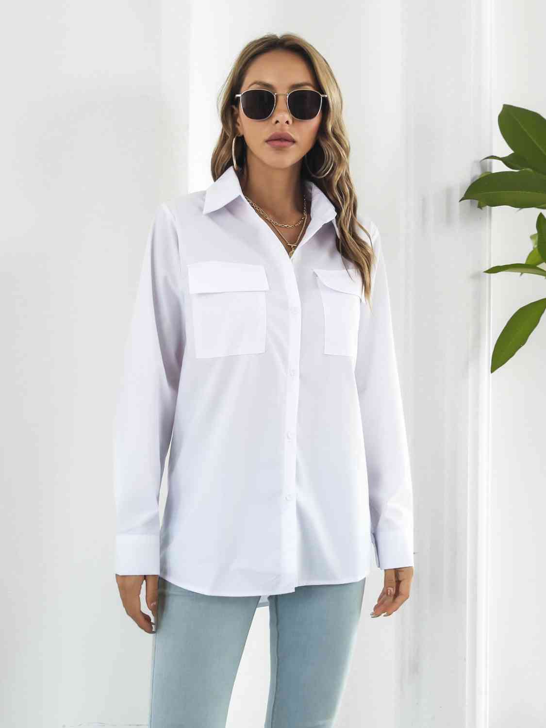 Collared Neck Buttoned Shirt with Pockets GOTIQUE Collections