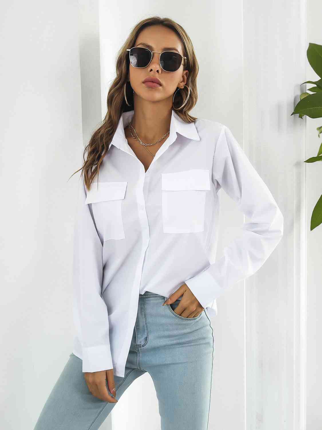 Collared Neck Buttoned Shirt with Pockets GOTIQUE Collections