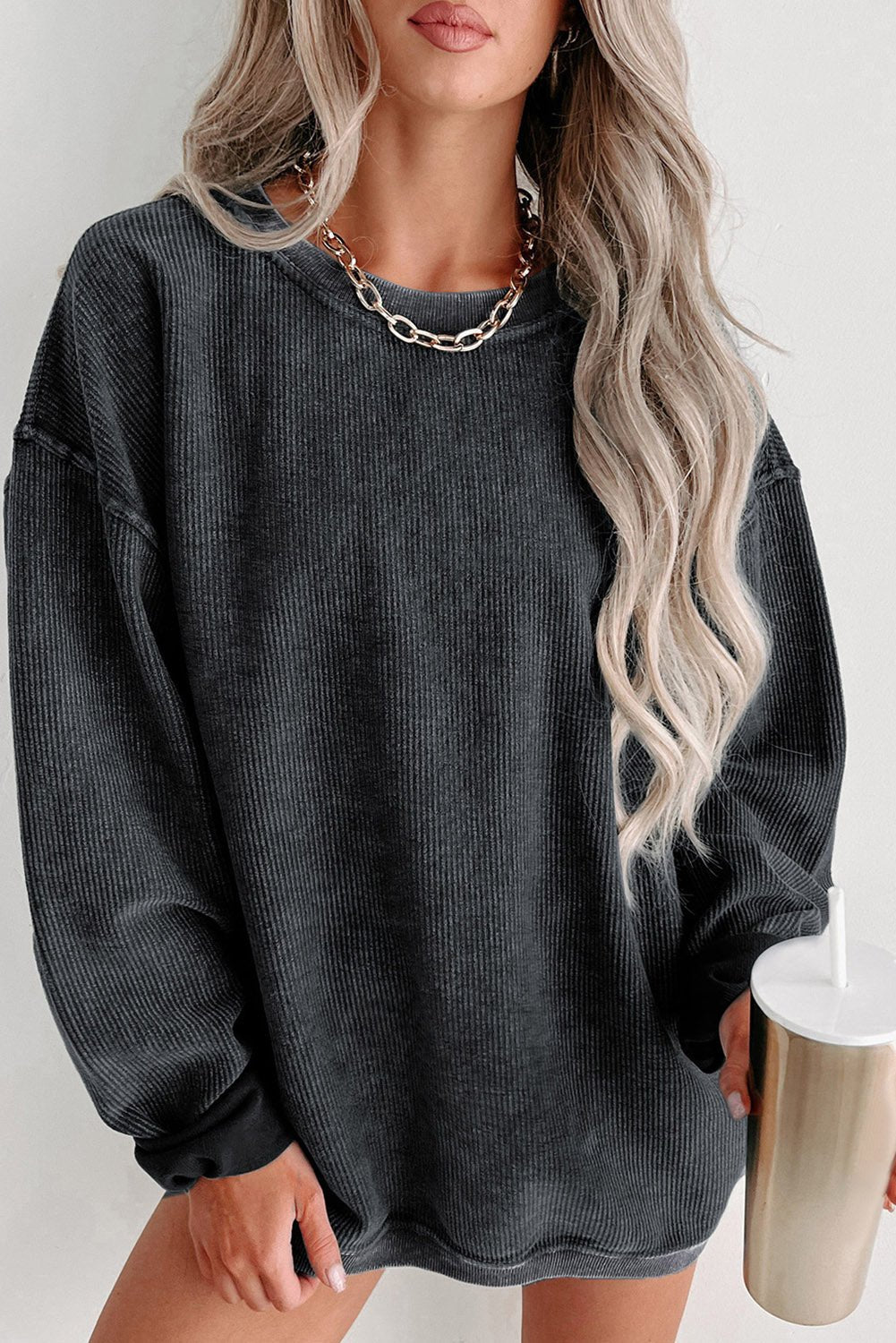 Cozy Round Neck Dropped Shoulder Sweatshirt GOTIQUE Collections