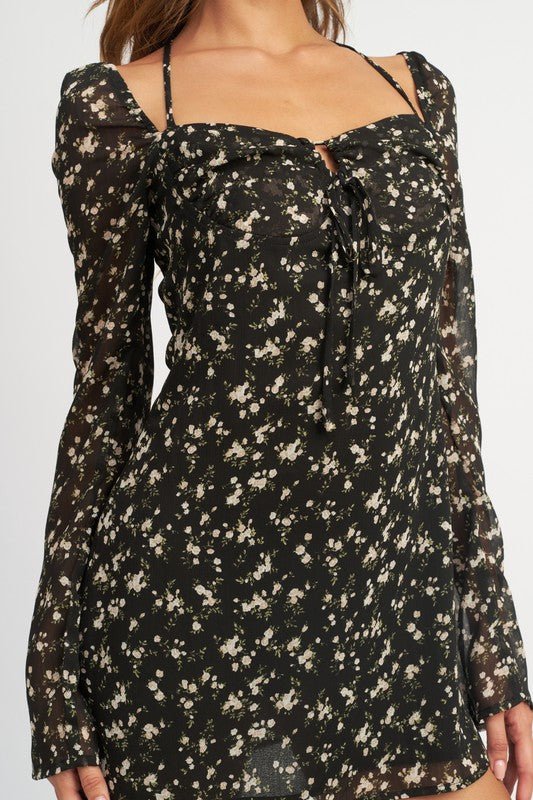 Floral Long Sleeve Dress with Halter Detail GOTIQUE Collections