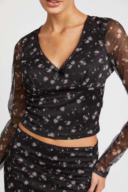 Floral Print Mesh Crop Top With V Neck GOTIQUE Collections