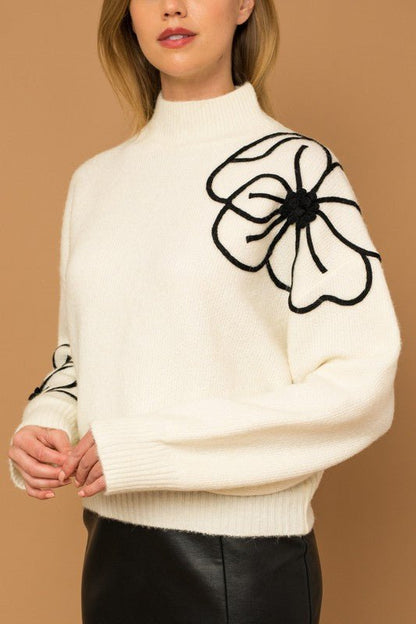 Flower Embroidery Mock Neck Sweater GOTIQUE Collections