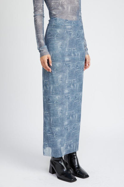 High Rise Denim Printed Maxi Skirt GOTIQUE Collections