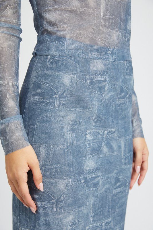 High Rise Denim Printed Maxi Skirt GOTIQUE Collections