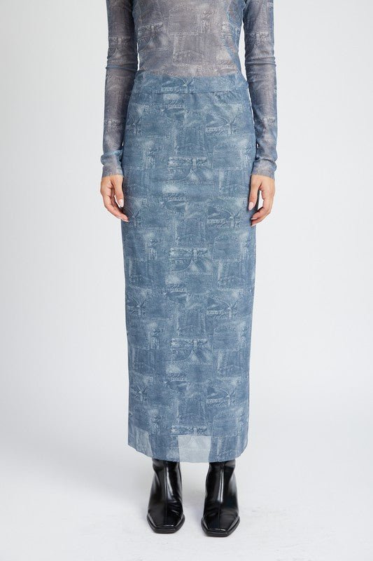 High Rise Denim Printed Maxi Skirt GOTIQUE Collections
