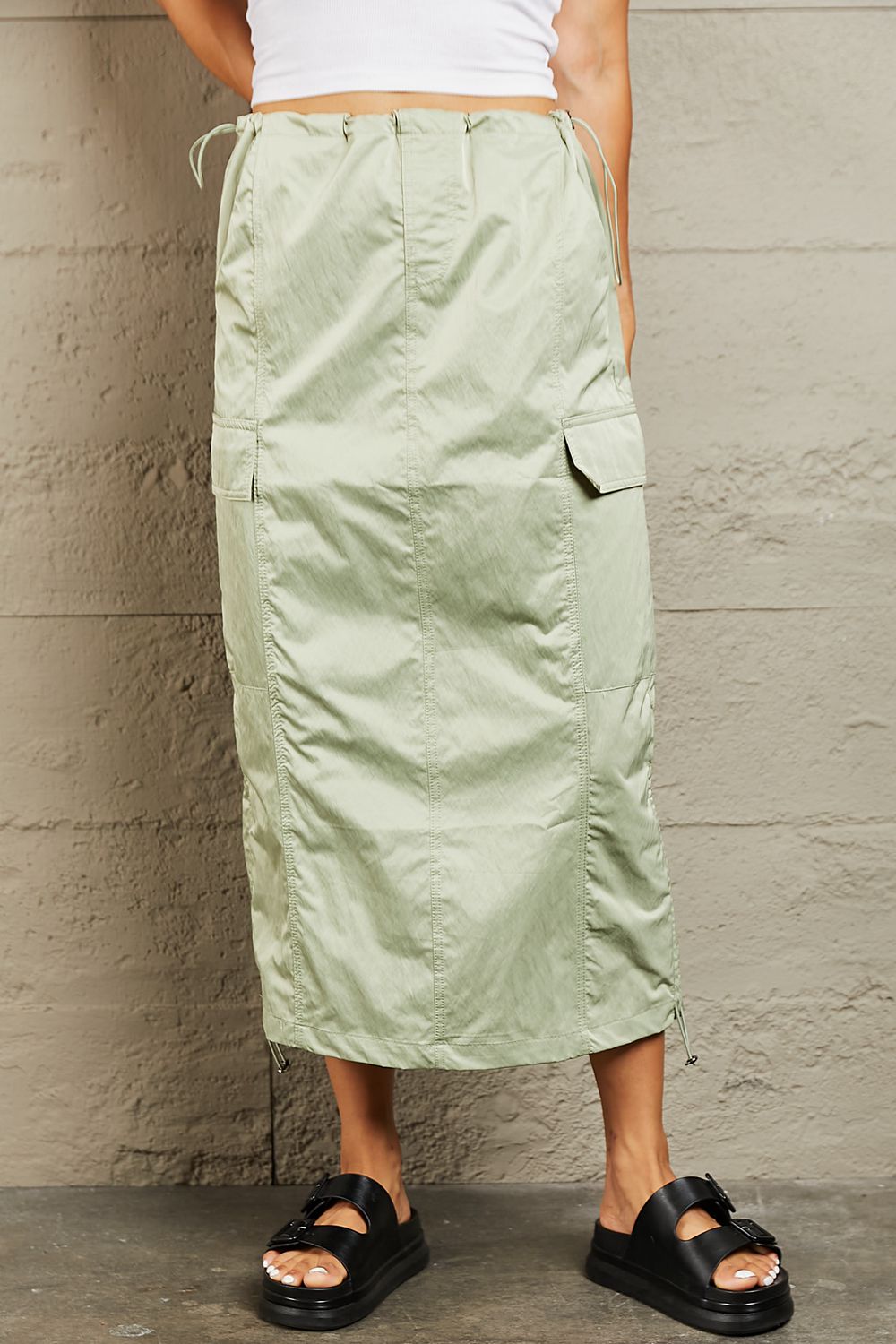 High Waisted Cargo Midi Skirt in Light Green GOTIQUE Collections