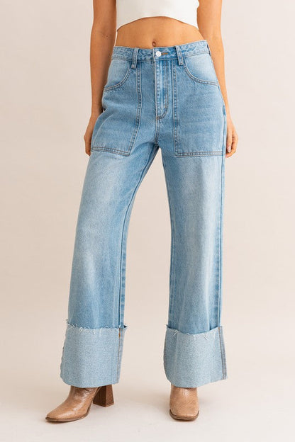 High-Waisted Wide Leg Cuffed Jeans GOTIQUE Collections