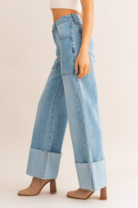 High-Waisted Wide Leg Cuffed Jeans GOTIQUE Collections