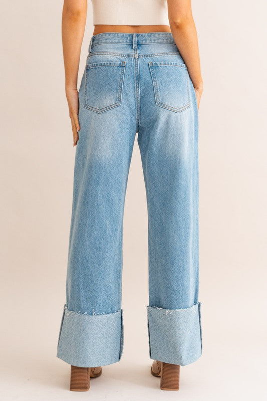 High-Waisted Wide Leg Cuffed Jeans GOTIQUE Collections