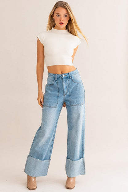 High-Waisted Wide Leg Cuffed Jeans GOTIQUE Collections