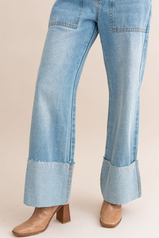 High-Waisted Wide Leg Cuffed Jeans GOTIQUE Collections