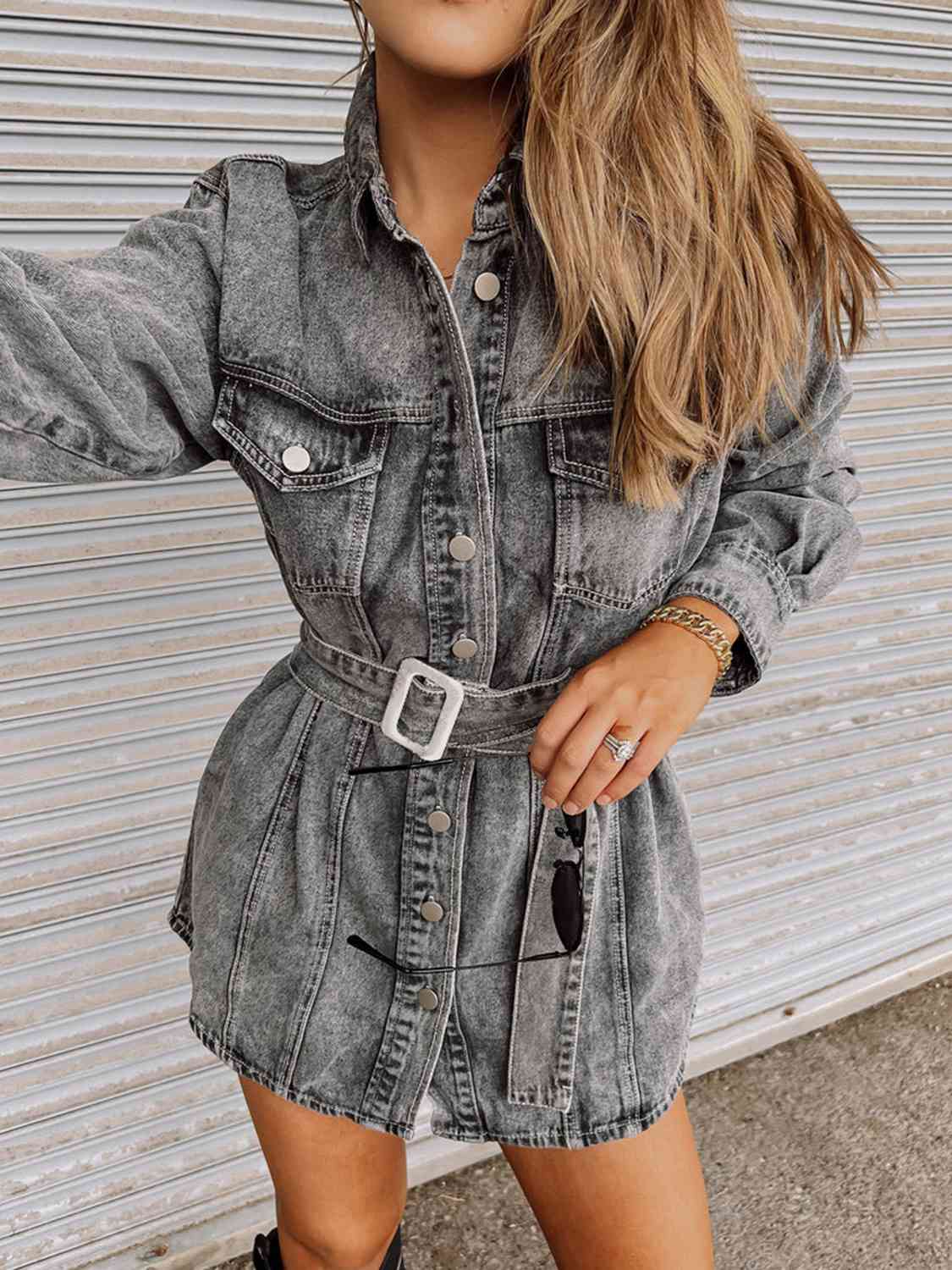 Long Sleeve Collared Denim Dress GOTIQUE Collections