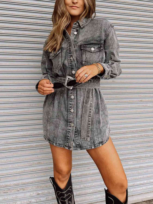 Long Sleeve Collared Denim Dress GOTIQUE Collections