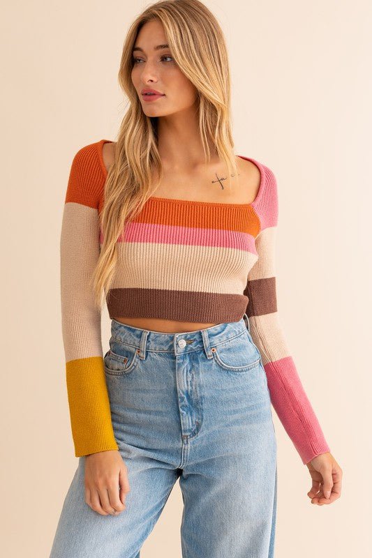 Long Sleeve Color Block Stripe Knit Top GOTIQUE Collections