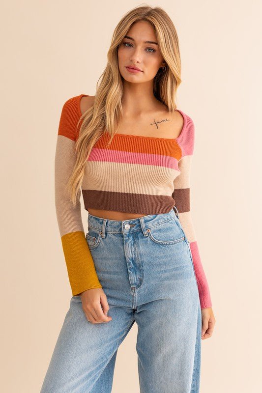 Long Sleeve Color Block Stripe Knit Top GOTIQUE Collections