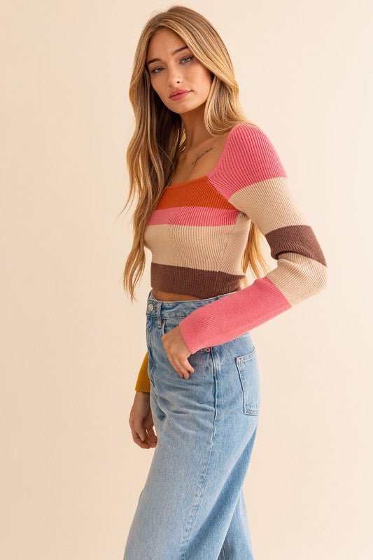 Long Sleeve Color Block Stripe Knit Top GOTIQUE Collections