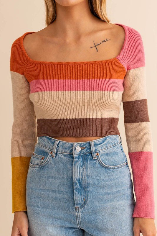 Long Sleeve Color Block Stripe Knit Top GOTIQUE Collections