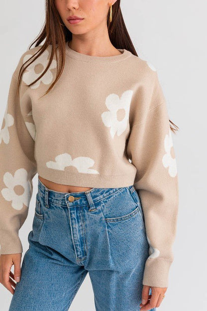 Long Sleeve Crop Sweater with Daisy Pattern GOTIQUE Collections