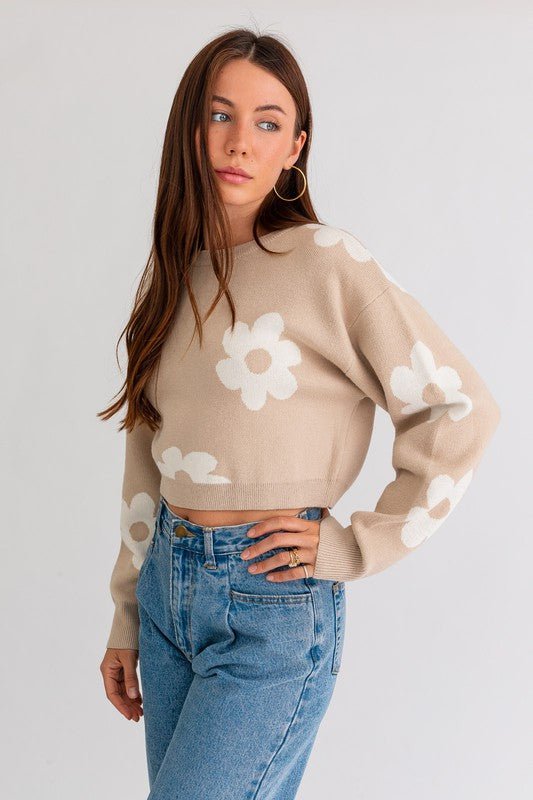 Long Sleeve Crop Sweater with Daisy Pattern GOTIQUE Collections