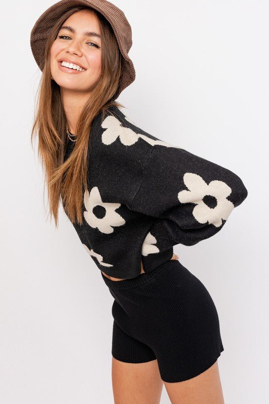 Long Sleeve Crop Sweater with Daisy Pattern GOTIQUE Collections