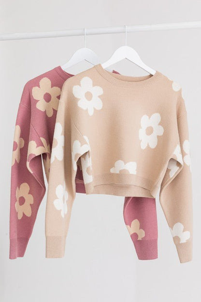 Long Sleeve Crop Sweater with Daisy Pattern GOTIQUE Collections