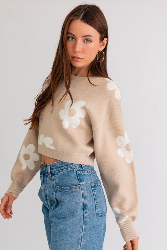 Long Sleeve Crop Sweater with Daisy Pattern GOTIQUE Collections