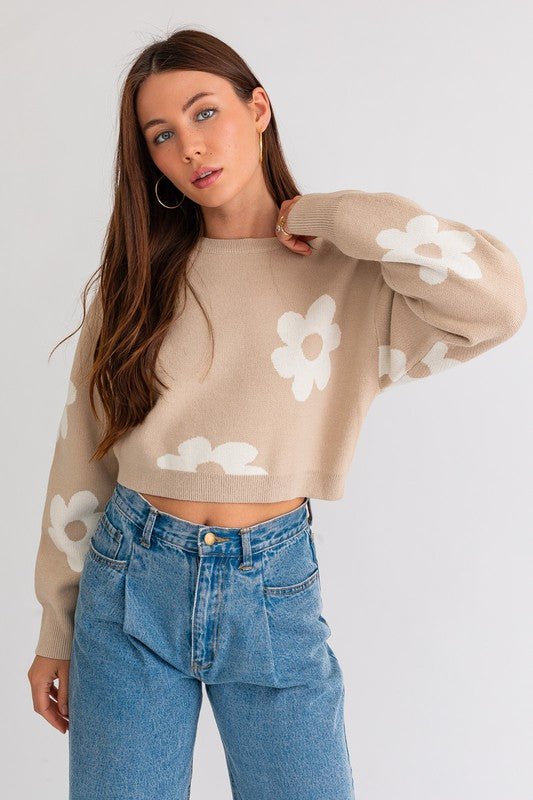 Long Sleeve Crop Sweater with Daisy Pattern GOTIQUE Collections