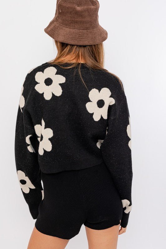 Long Sleeve Crop Sweater with Daisy Pattern GOTIQUE Collections