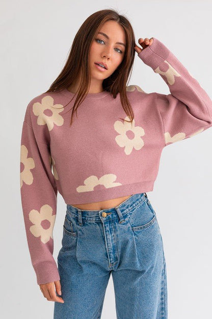 Long Sleeve Crop Sweater with Daisy Pattern GOTIQUE Collections