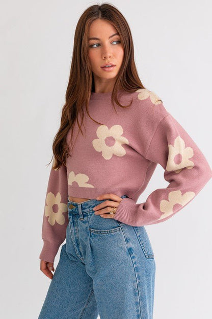 Long Sleeve Crop Sweater with Daisy Pattern GOTIQUE Collections