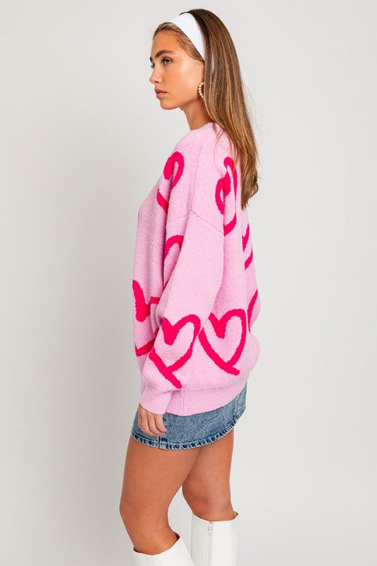 Long Sleeve Round Neck Heart Printed Sweater GOTIQUE Collections