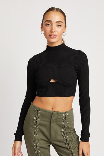 Mock Neck Crop Top with Cut Out GOTIQUE Collections