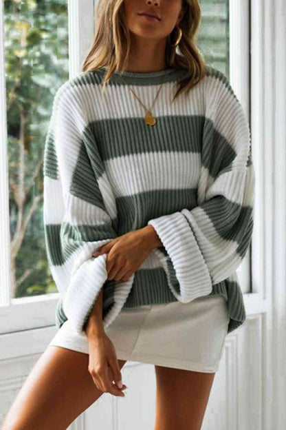 Oversized Striped Round Neck Long Sleeve Sweater GOTIQUE Collections