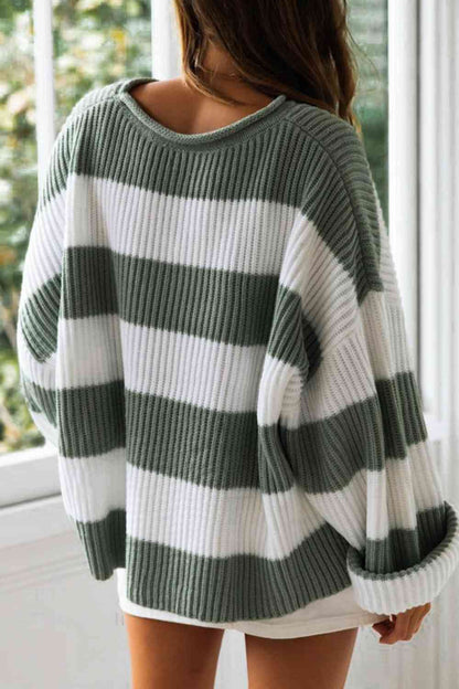 Oversized Striped Round Neck Long Sleeve Sweater GOTIQUE Collections