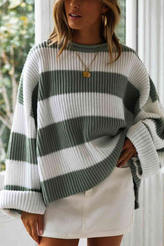 Oversized Striped Round Neck Long Sleeve Sweater GOTIQUE Collections